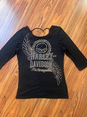 Harley-Davidson Rhinestone Skull Wings Logo Ruched Back Black Top L